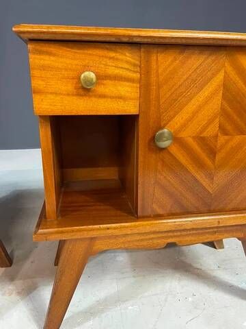 Pair of vintage mid-century modern wooden bedside tables / nightstands