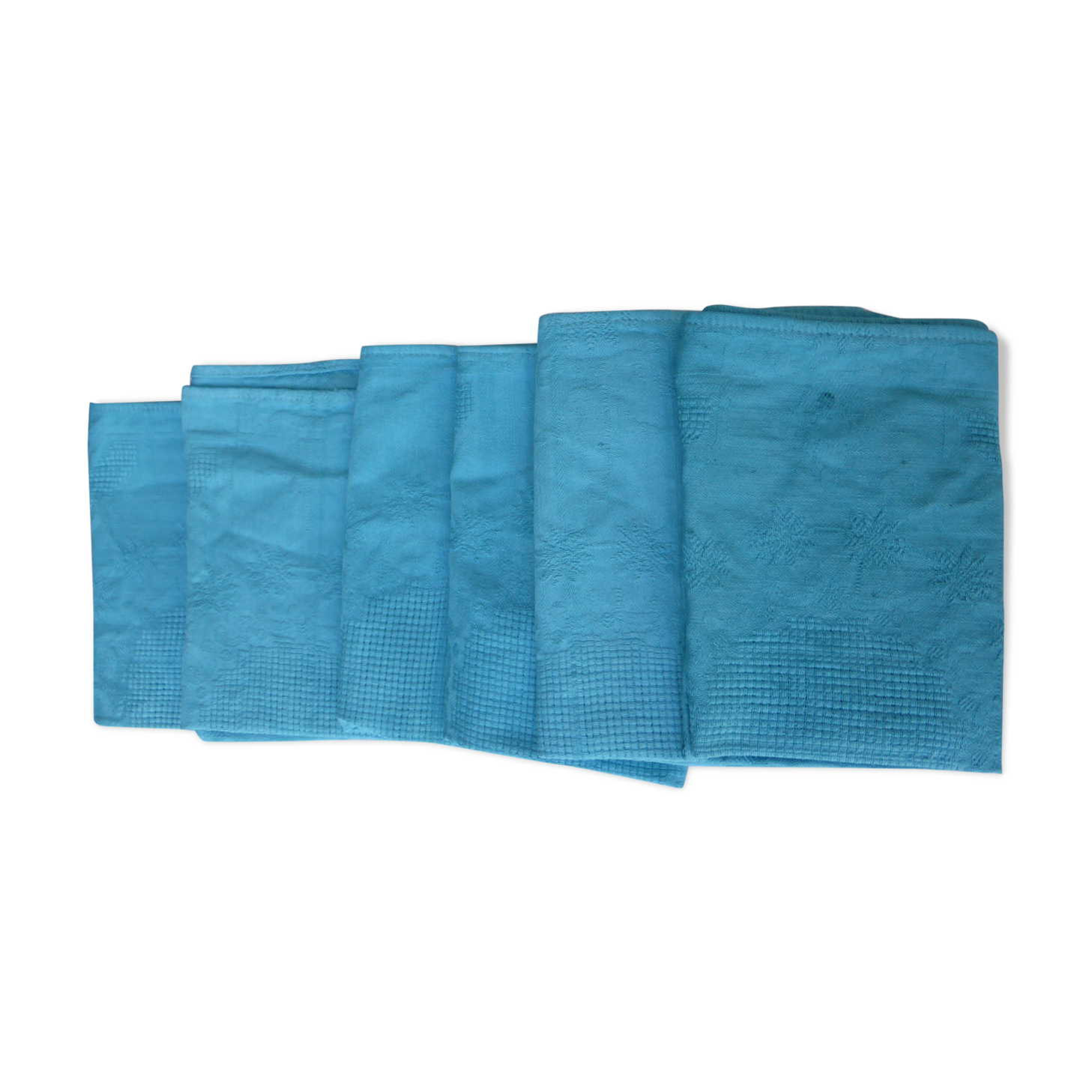 6 damask cotton towels, blue hue, woven, art deco