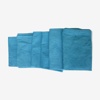 6 serviettes en coton damassé, teinte bleu, tissées, art deco