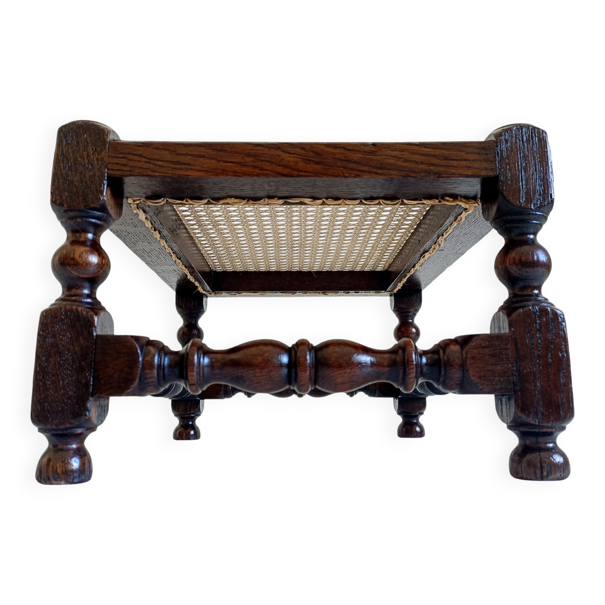Antique Belle Epoque Oak Wood and Cane Footstool/ Occasional Table, late 19th-C