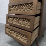 Oak and rattan compass leg chiffonier from the 50s-60s