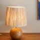 Wooden "ball" lamp, raffia shade, 70s