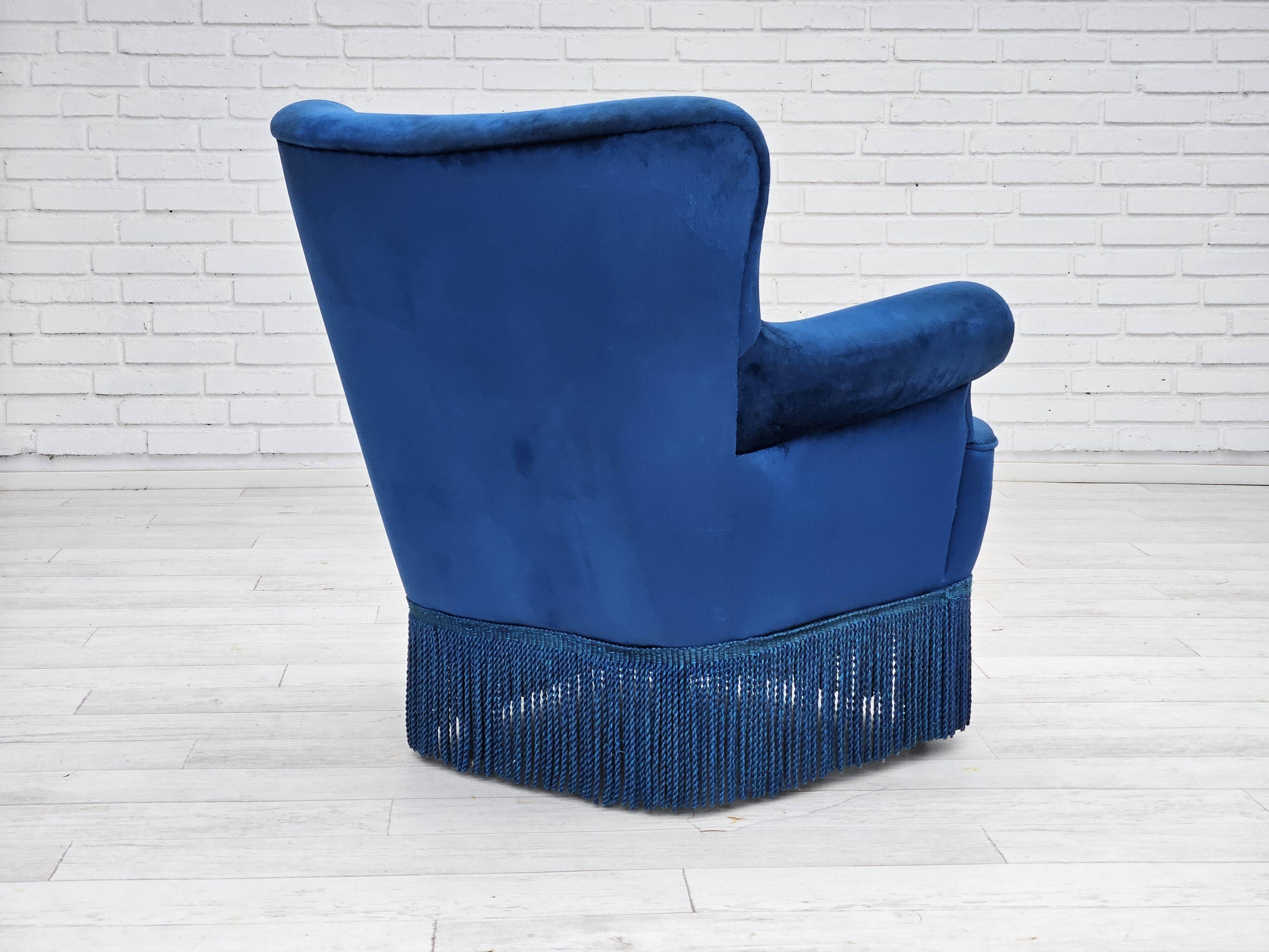 1960s, Danish lounge chair, blue furniture velour, beech wood legs.
