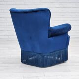 1960s, Danish lounge chair, blue furniture velour, beech wood legs.
