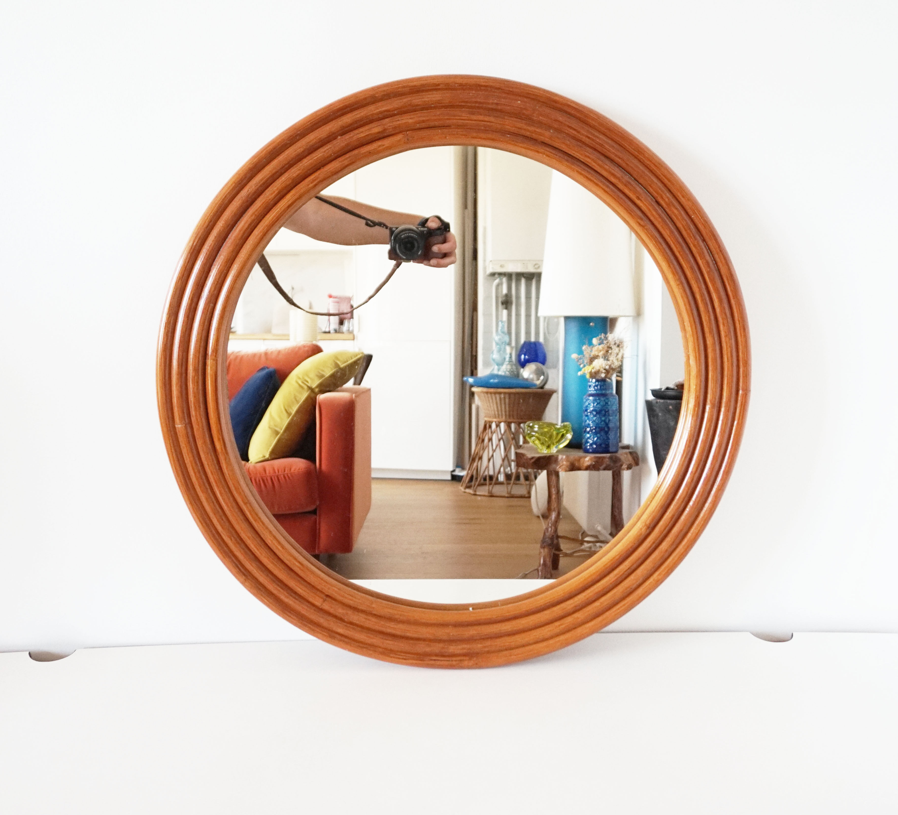 Round mirror in vintage rattan bamboo