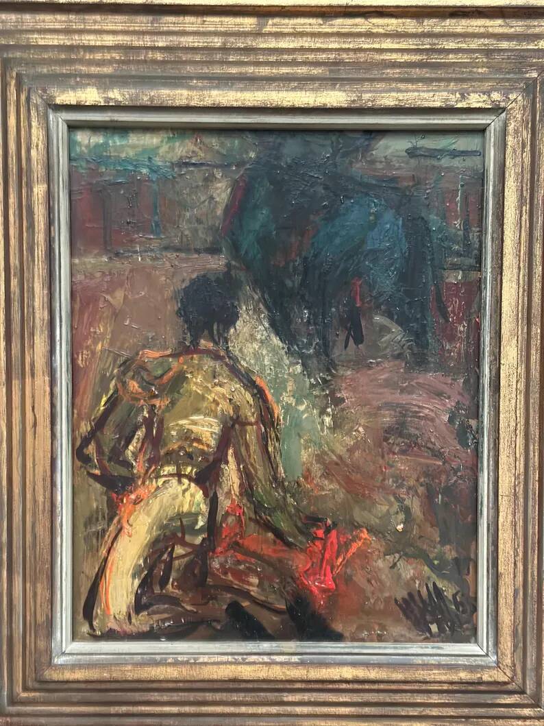 Original Swedish Oil on Panel – "The Bullfight" by Owe Wessbohn – Dated 1953 – Framed Period Piece – 59 × 51 cm