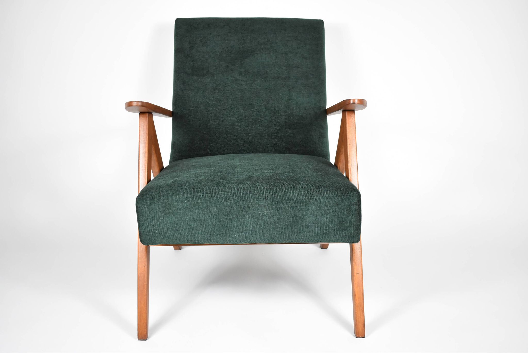 Fauteuil compas restauré, tissu vert forêt, bois de teck, 1960