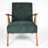 Fauteuil compas restauré, tissu vert forêt, bois de teck, 1960