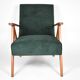 Fauteuil compas restauré, tissu vert forêt, bois de teck, 1960