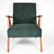 Fauteuil compas restauré, tissu vert forêt, bois de teck, 1960