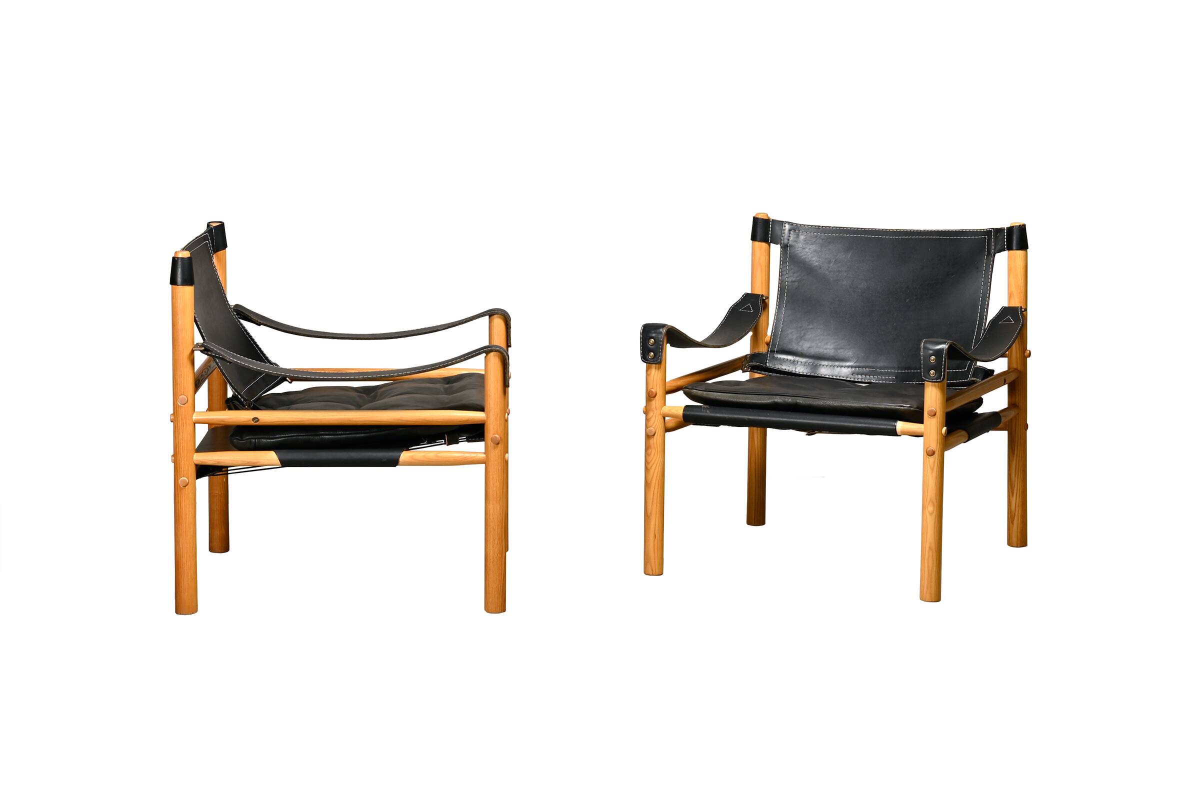 Arne Norell Sirocco Safari Lounge Chairs in Black Leather and Ash, Sweden