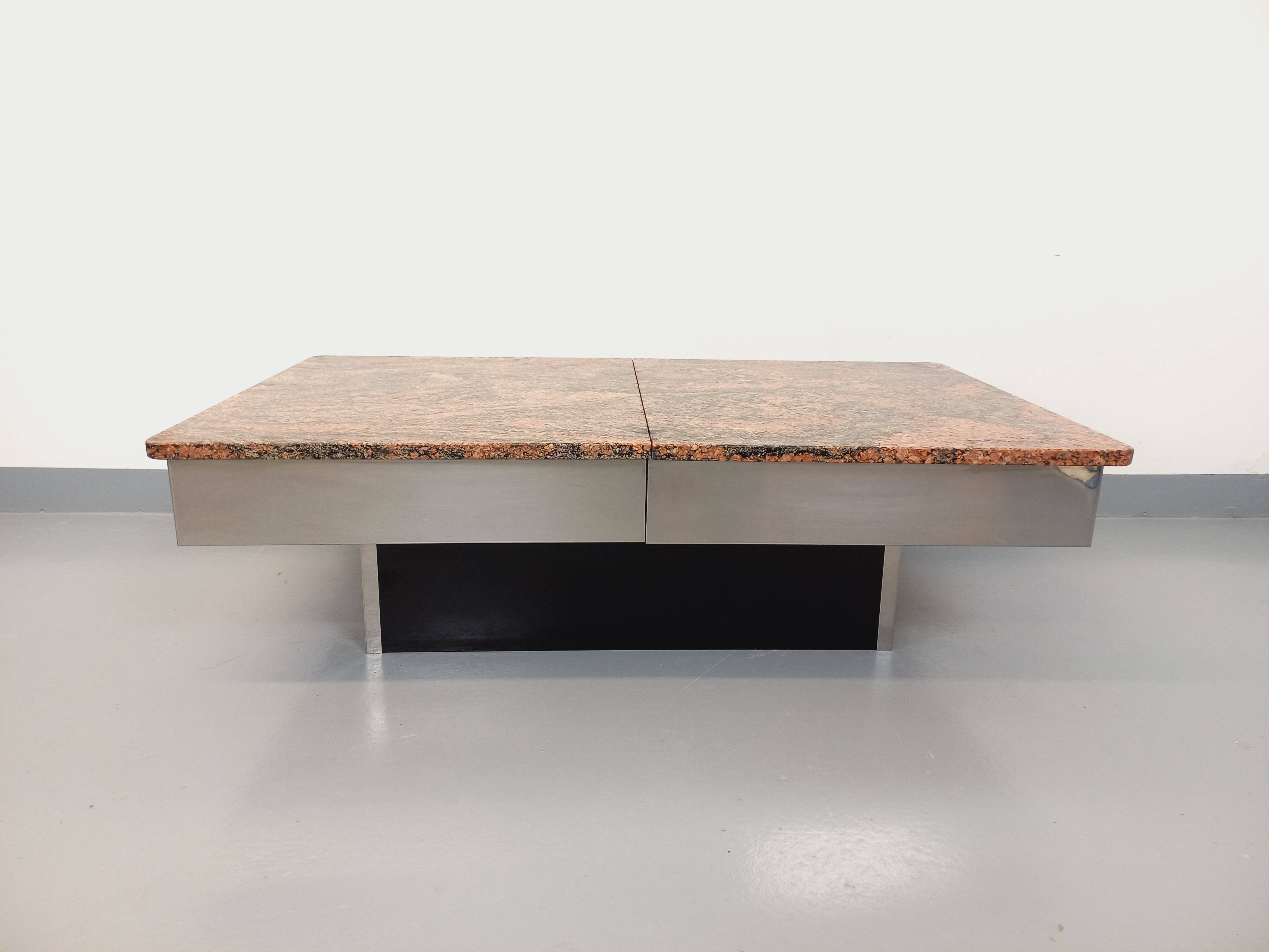 Vintage granite, chrome metal and black melamine coffee table with bar