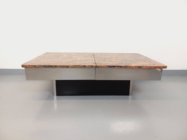 Table basse vintage en granit, métal chromé et mélaminé noir avec bar