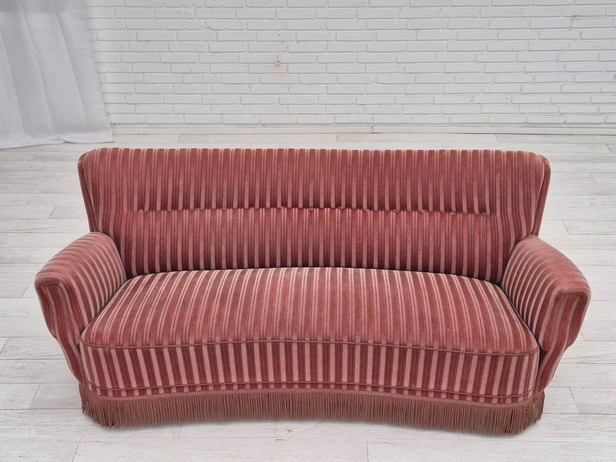 1960s, Danish 3-seater curved sofa, pink-salmon furniture velour, original.