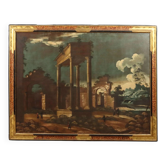 Old painting of an architectural landscape in oil on canvas from the 18th century.