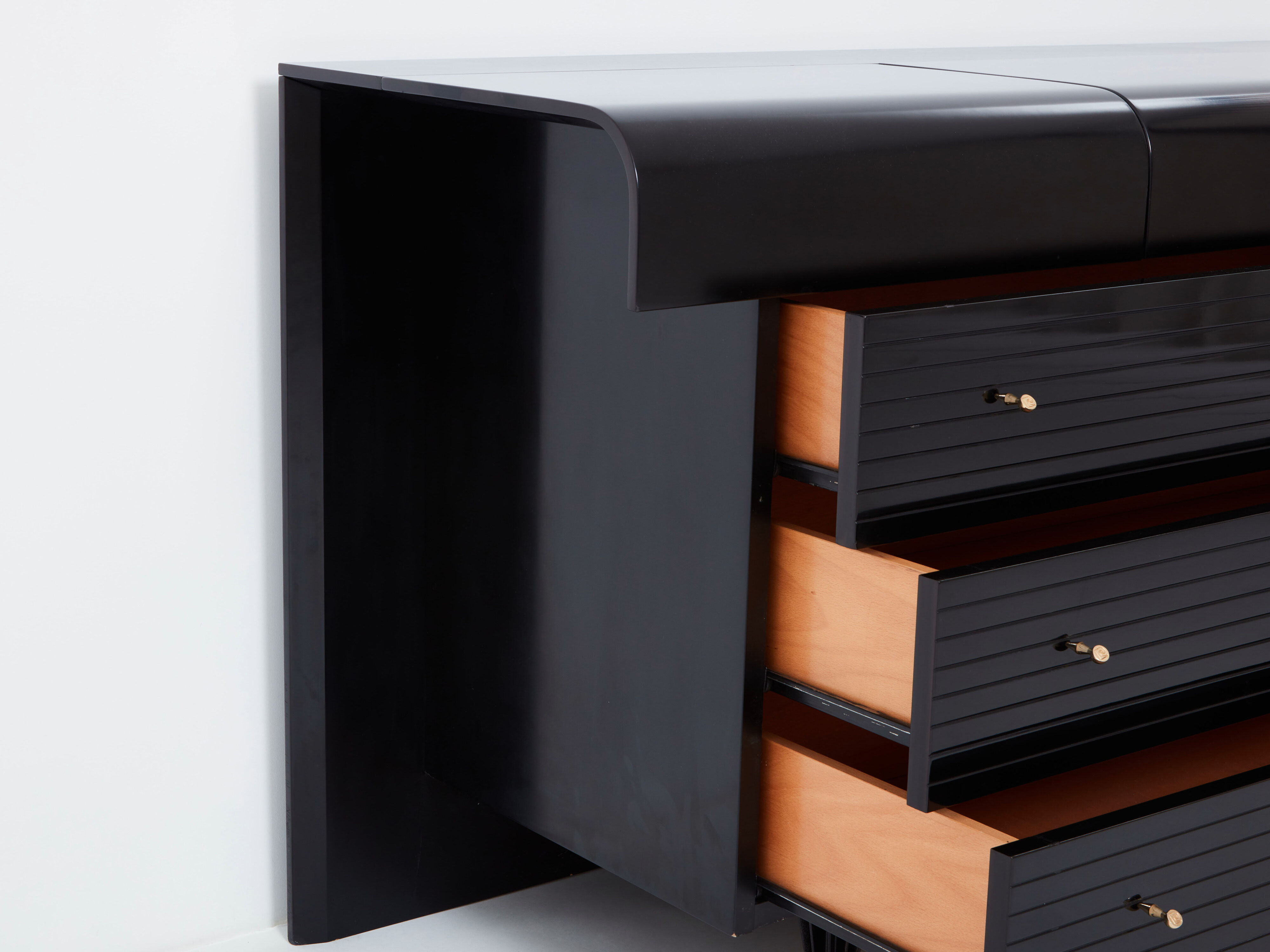 Black lacquered brass chest of drawers signed Pierre Cardin 1980