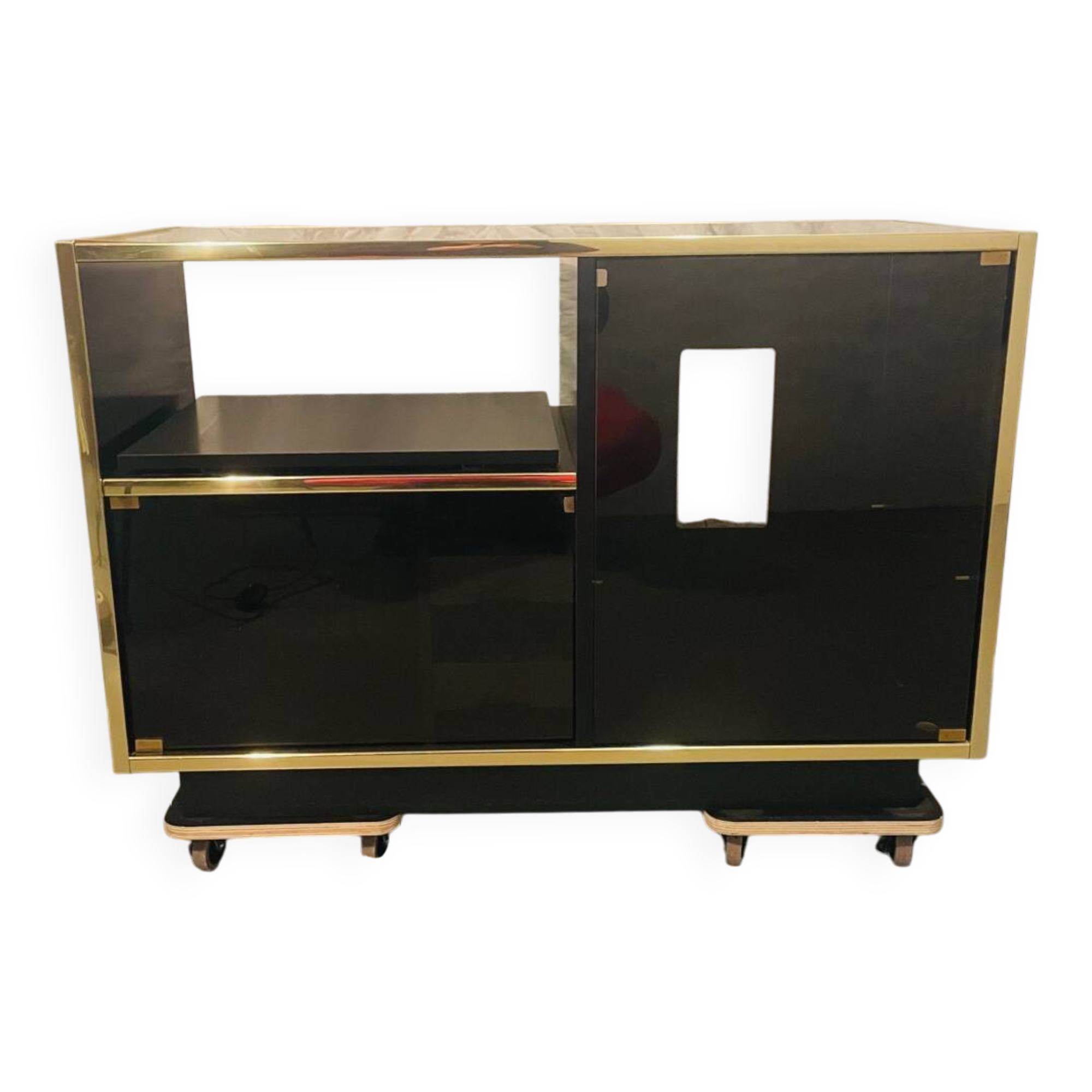 Sideboard, black lacquered and brass Hi-fi unit by Roche Bobois, circa 1970
