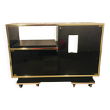 Buffet, meuble Hi-fi laqué noir et laiton par Roche Bobois, circa 1970