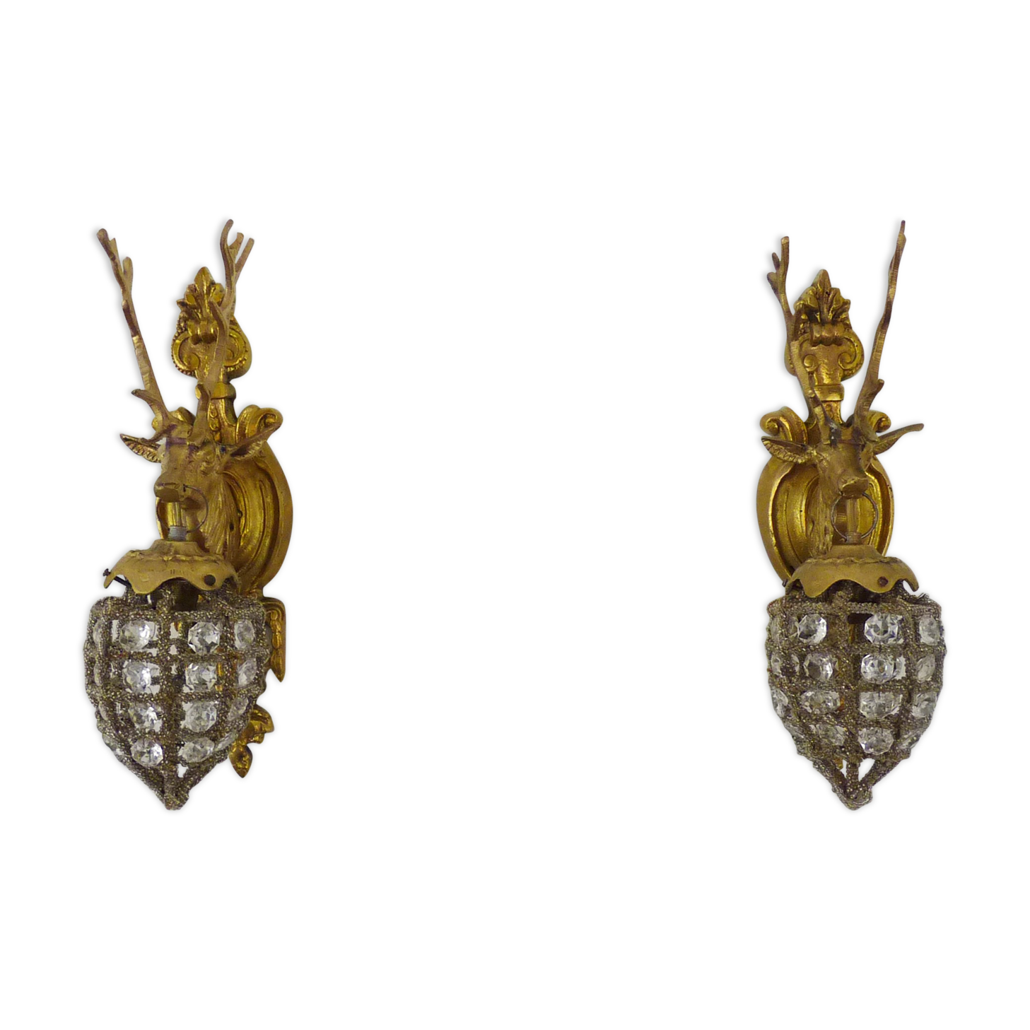 Pair of vintage wall lamps with pearl deer head and glass grapevines
