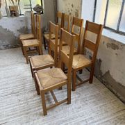 Set of 8 blond oak chairs with straw seats