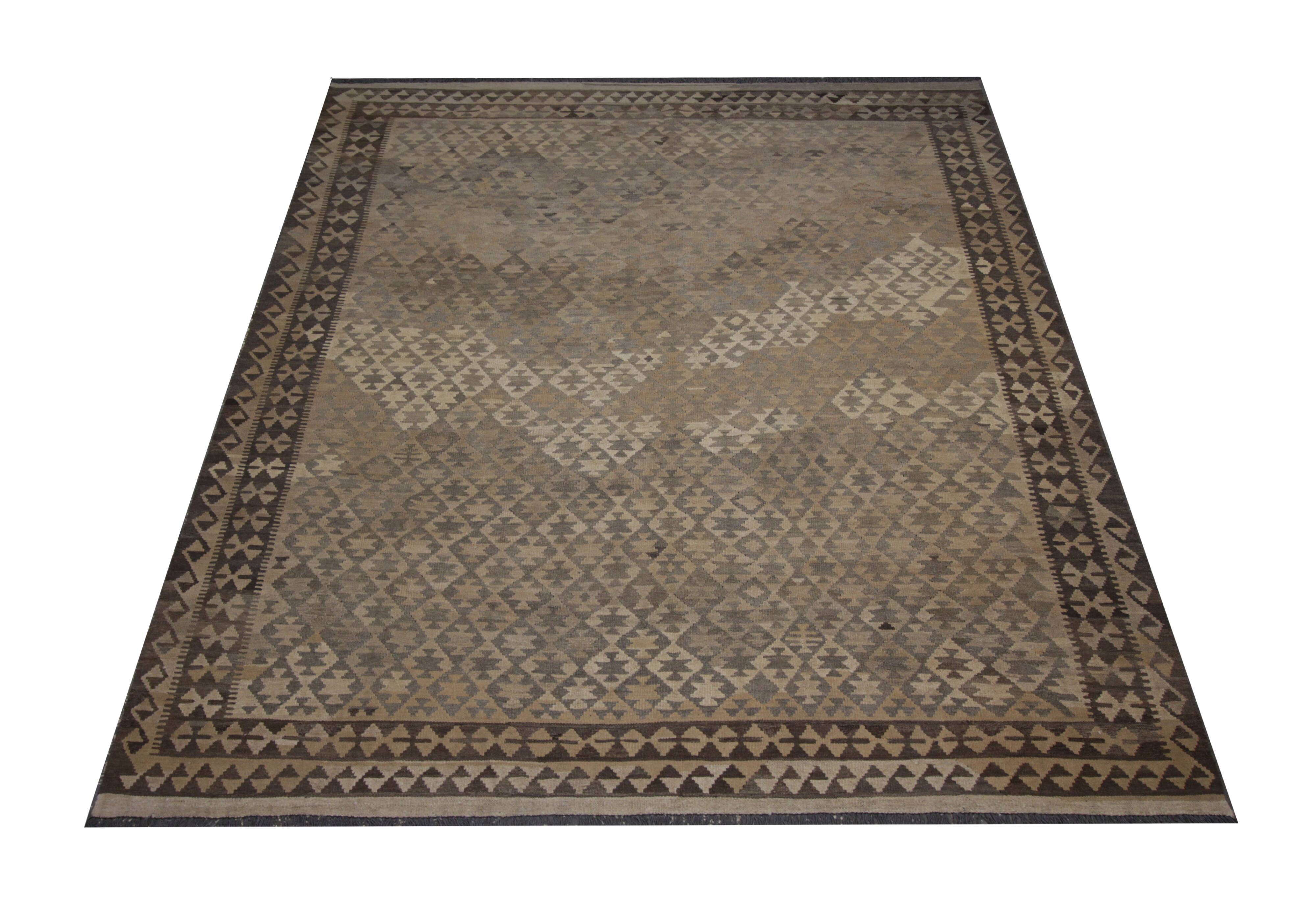 Brown & Khaki Geometric Kilim Rug, Handwoven Wool Carpet 302 x 239 cm