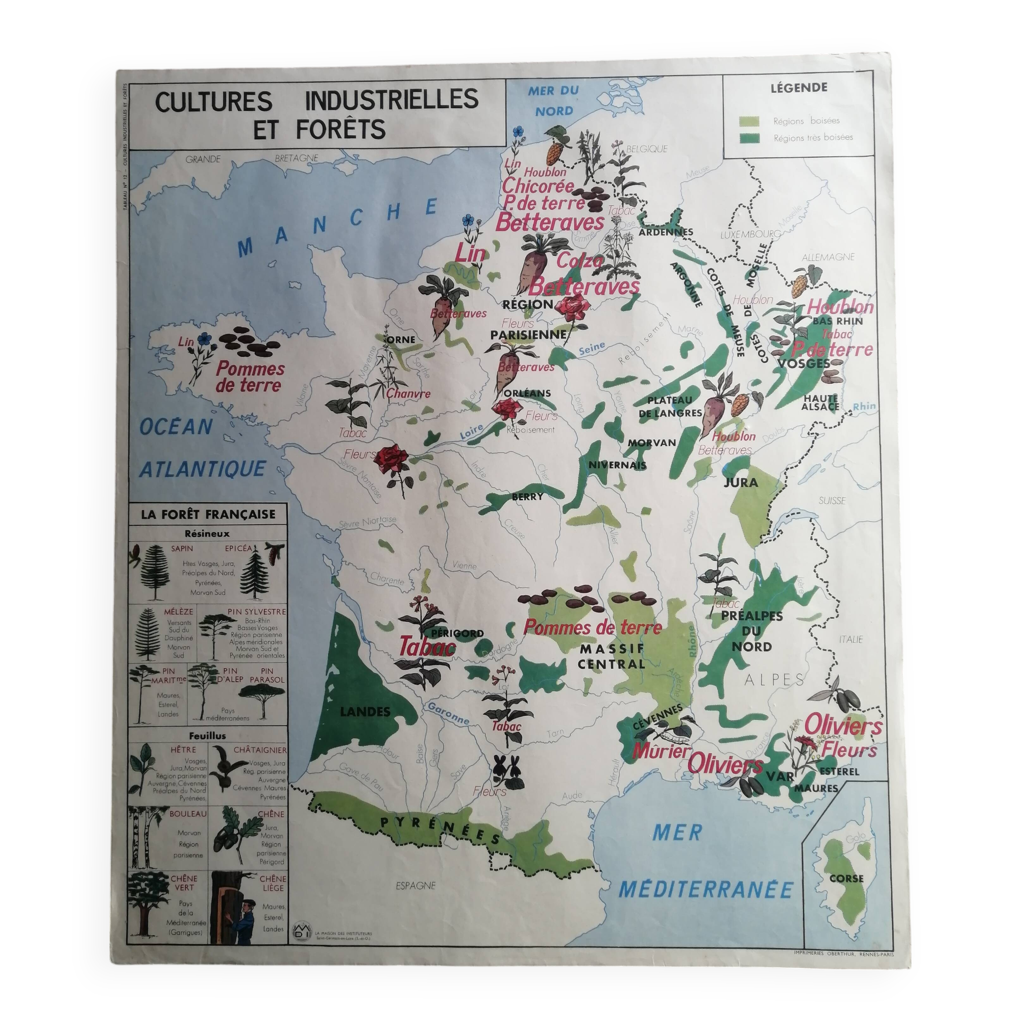 Old MDI school map: France “Industrial crops and forests”