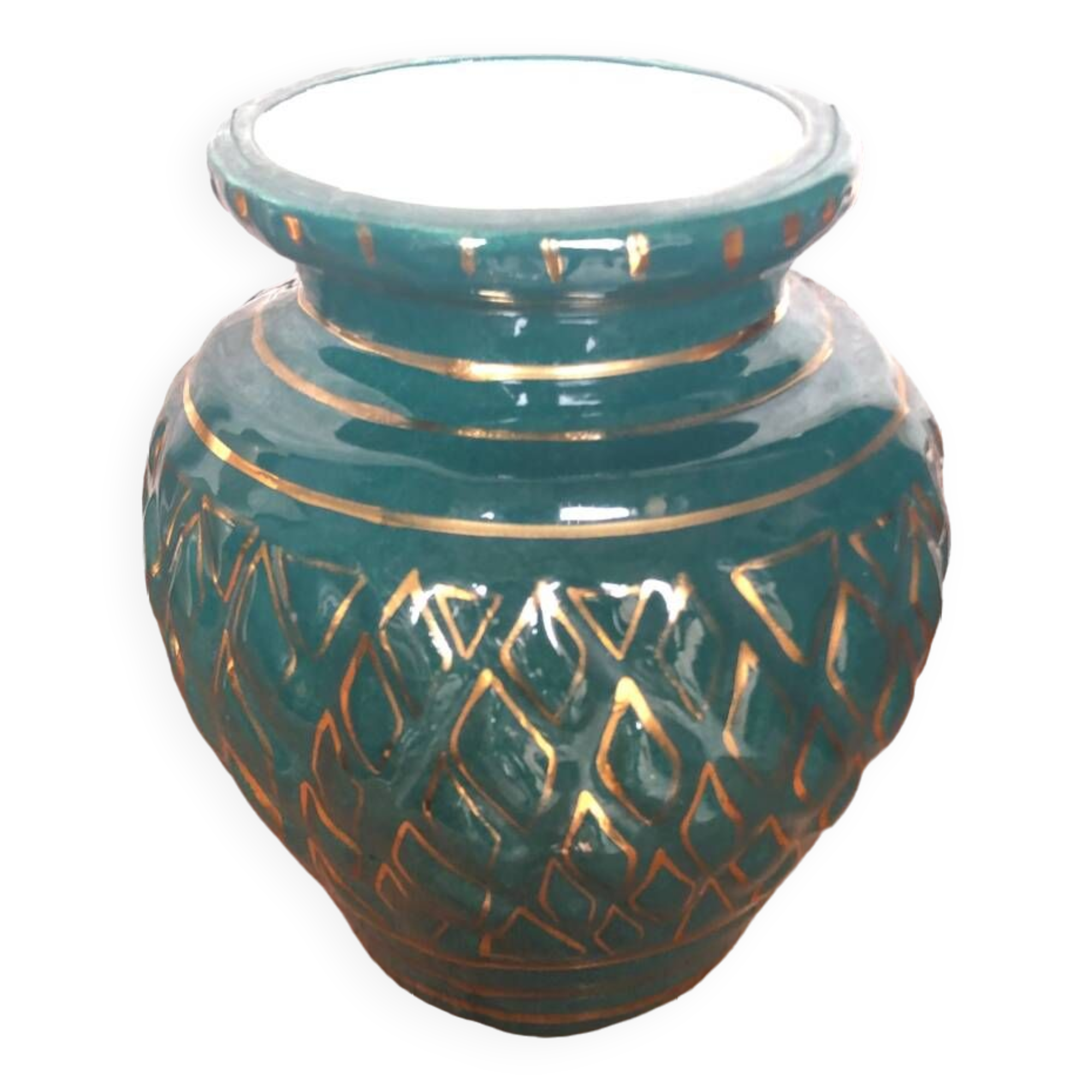 Old vallauris vase green ceramic & vintage gold decor #a798