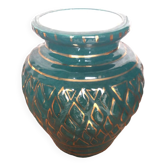 Ancien vase vallauris céramique verte & décor dorée vintage #a798