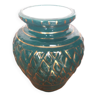 Old vallauris vase green ceramic & vintage gold decor #a798