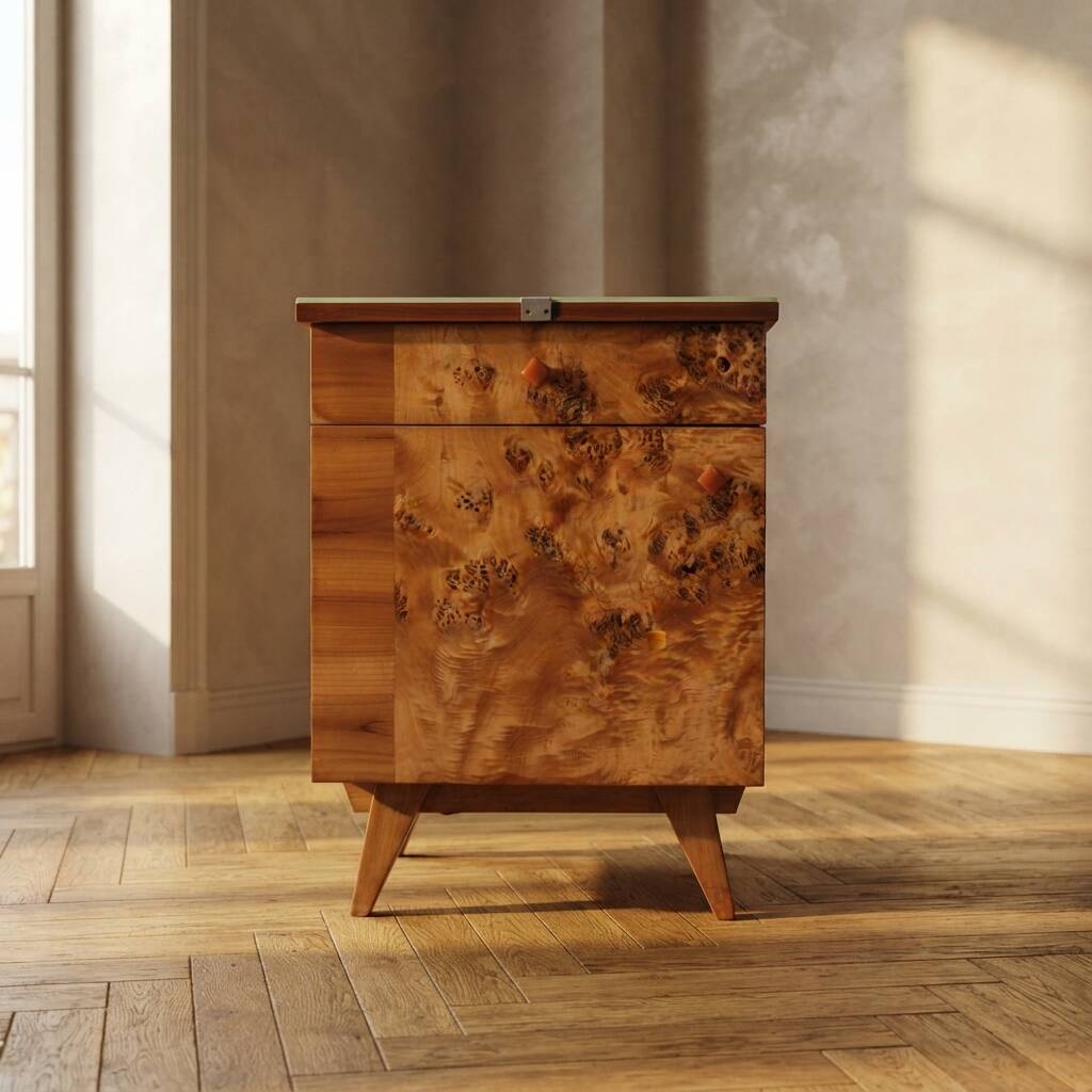 Pair of vintage Czechoslovak bedside cabinets with burl veneer, mid-century modern, 45 × 34 × 45 cm