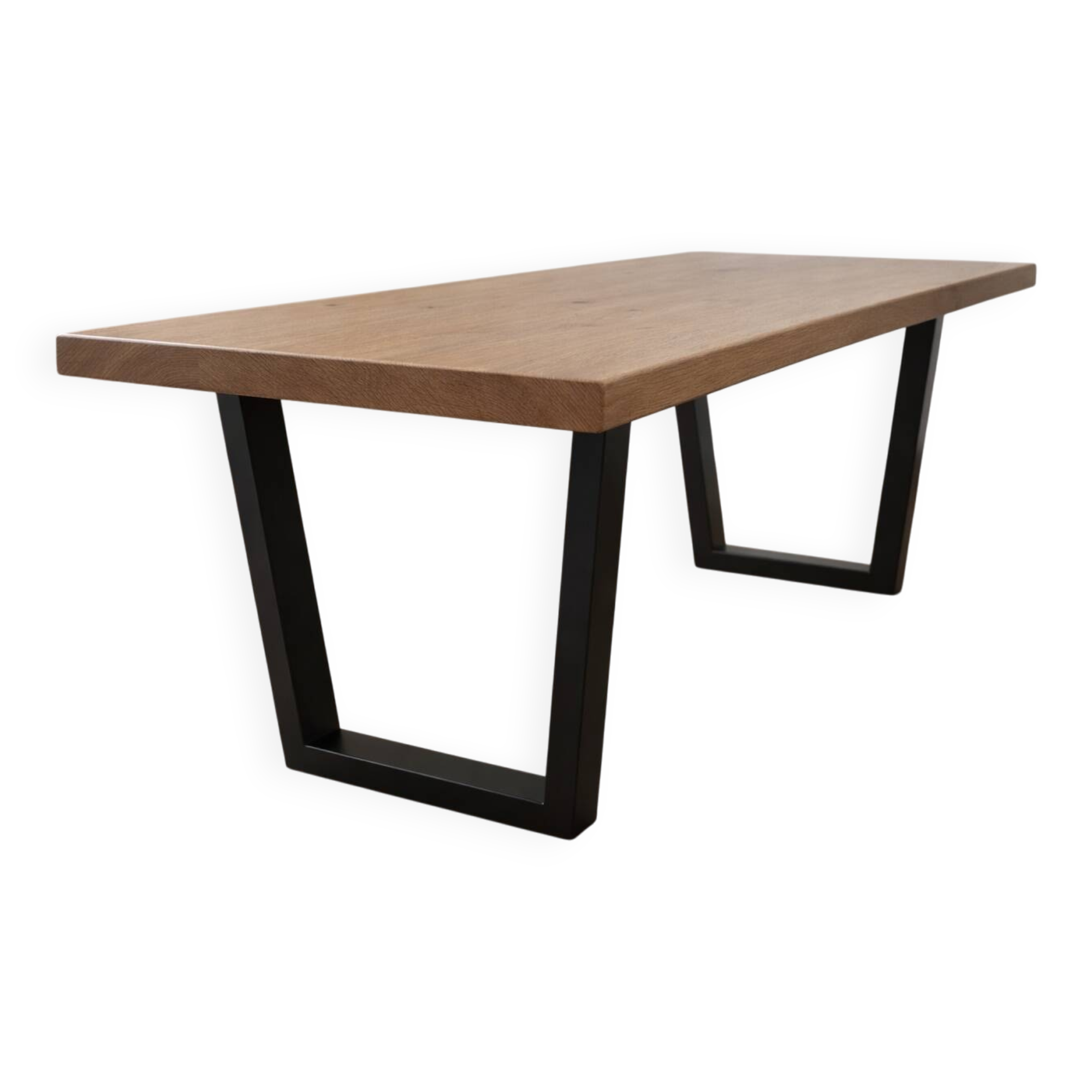 Modern table with metal legs and a natural varnished solid oak top