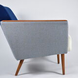 Mid- century modern armchair, 1970s, restored, blue and white velvet, pied de poule fabric