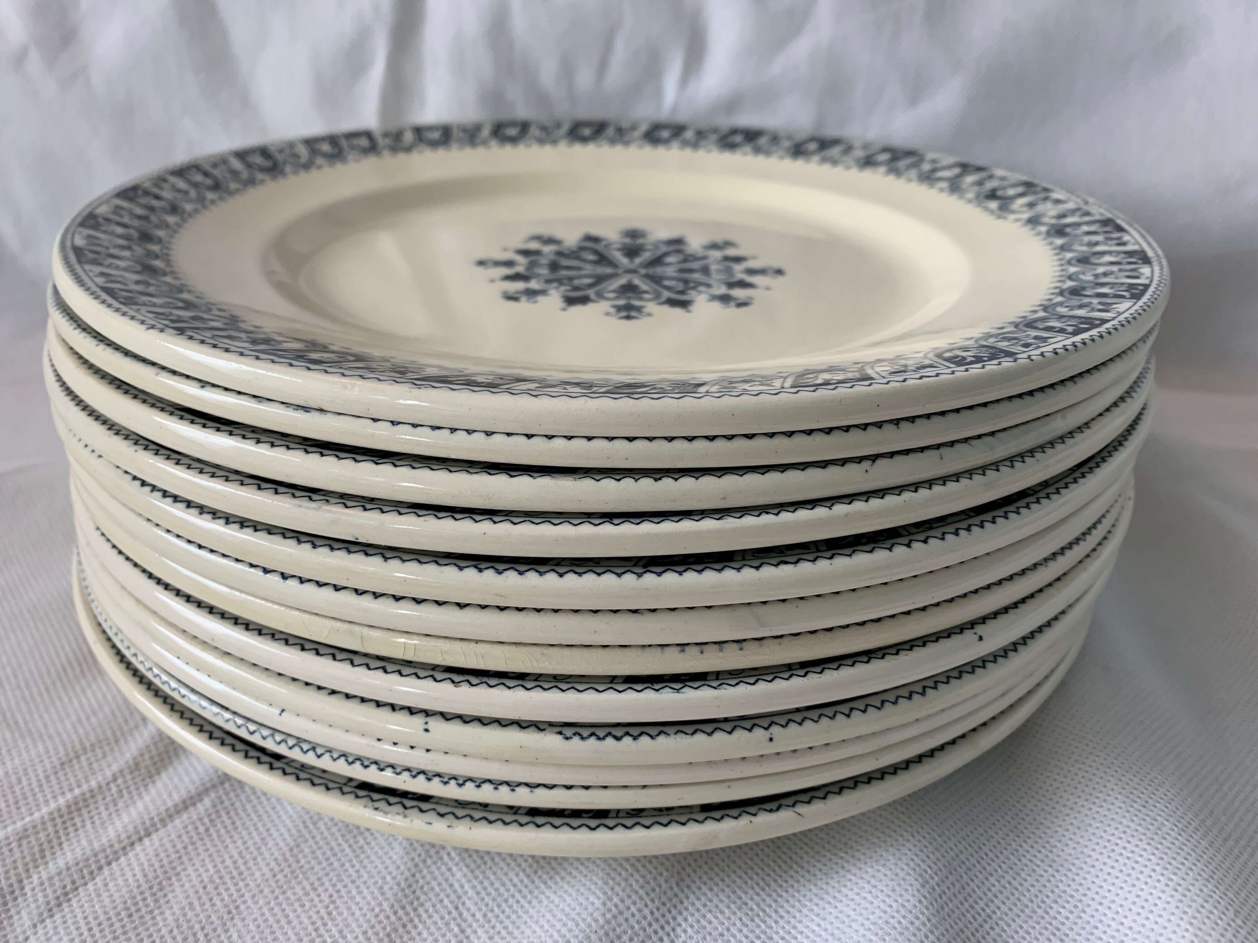 Lot of 12 old flat plates and 2 dishes, Terre de fer Henri II Salins