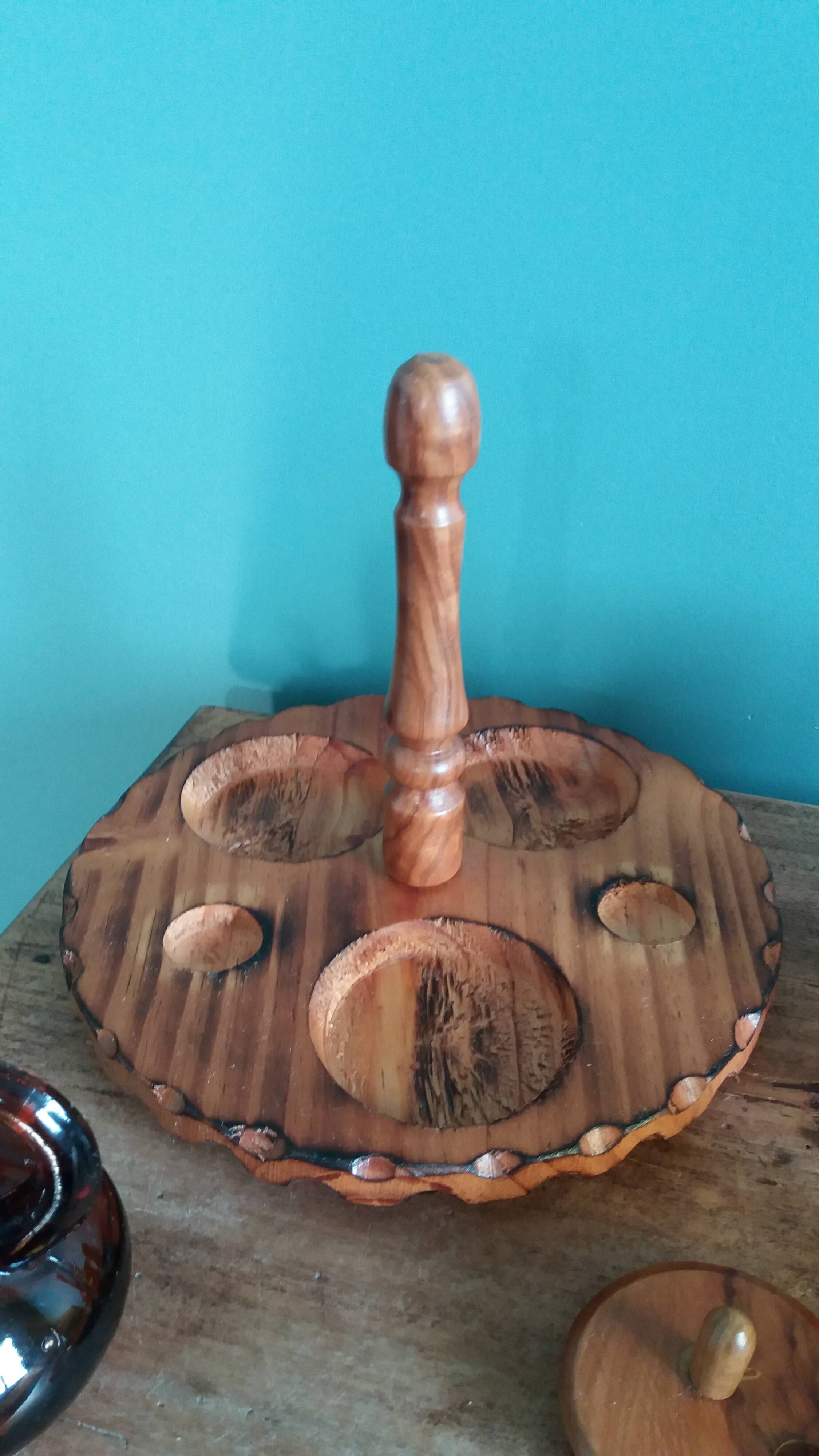 Oil, vinegar, mustard, pepper, salt, olive wood servant from Spain.