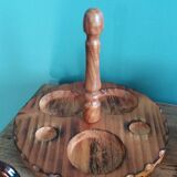 Oil, vinegar, mustard, pepper, salt, olive wood servant from Spain.