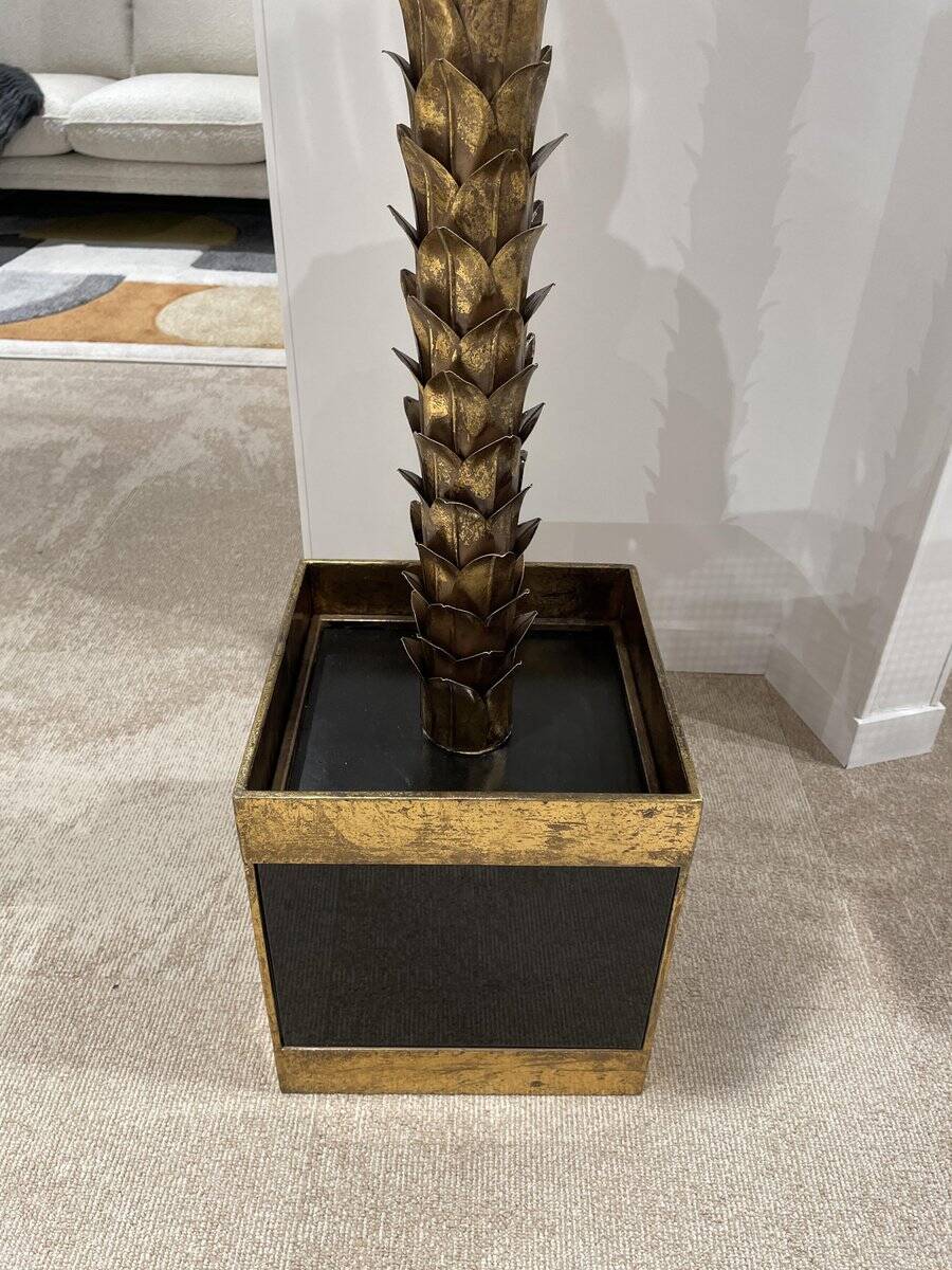 Palm Tree Floor Lamp in Gold Metal and Black Lacquered Mirror