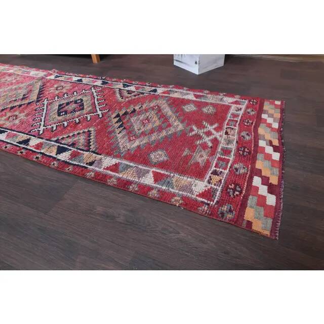 Vintage Turkish Hand-Knotted Wool Cotton Red Runner Rug 83x384