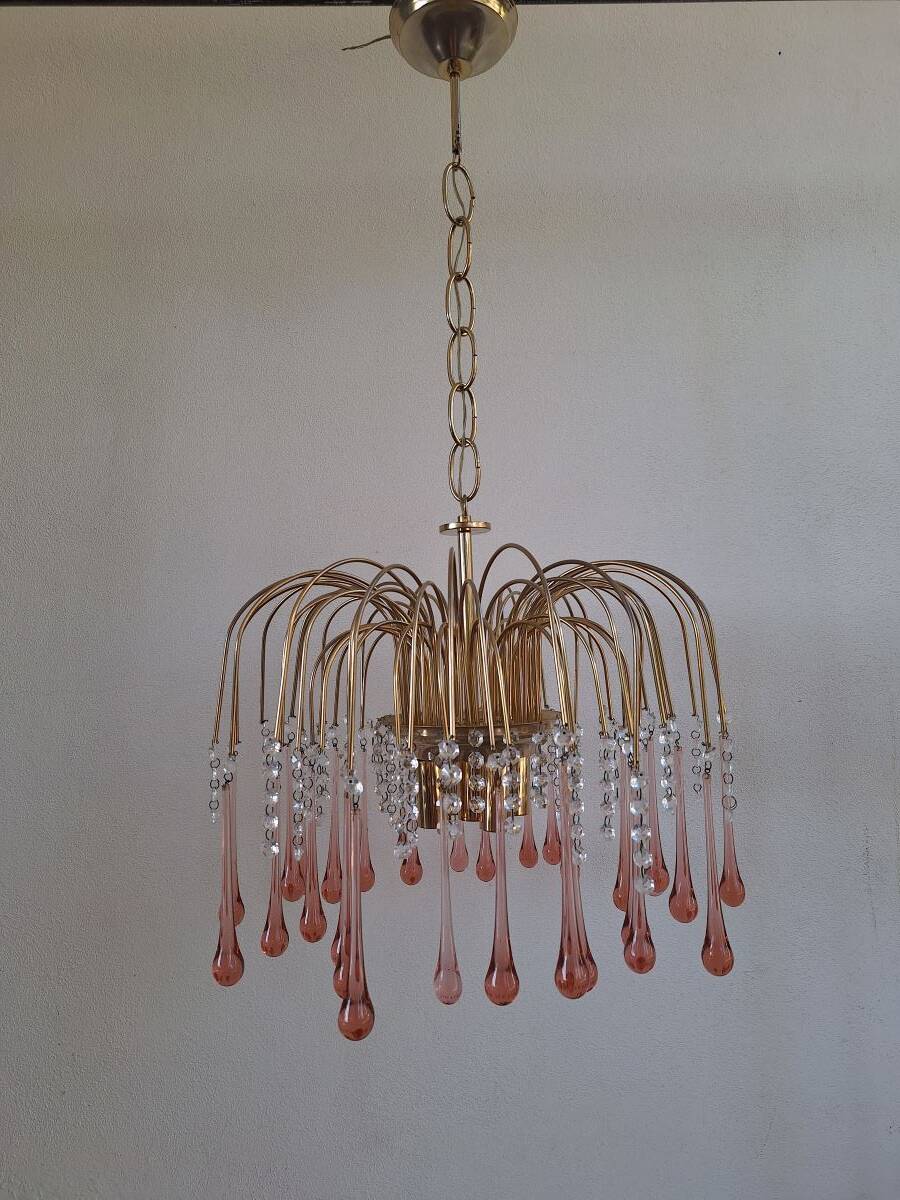 Lustre en cascade de grande taille en verre de Murano rose