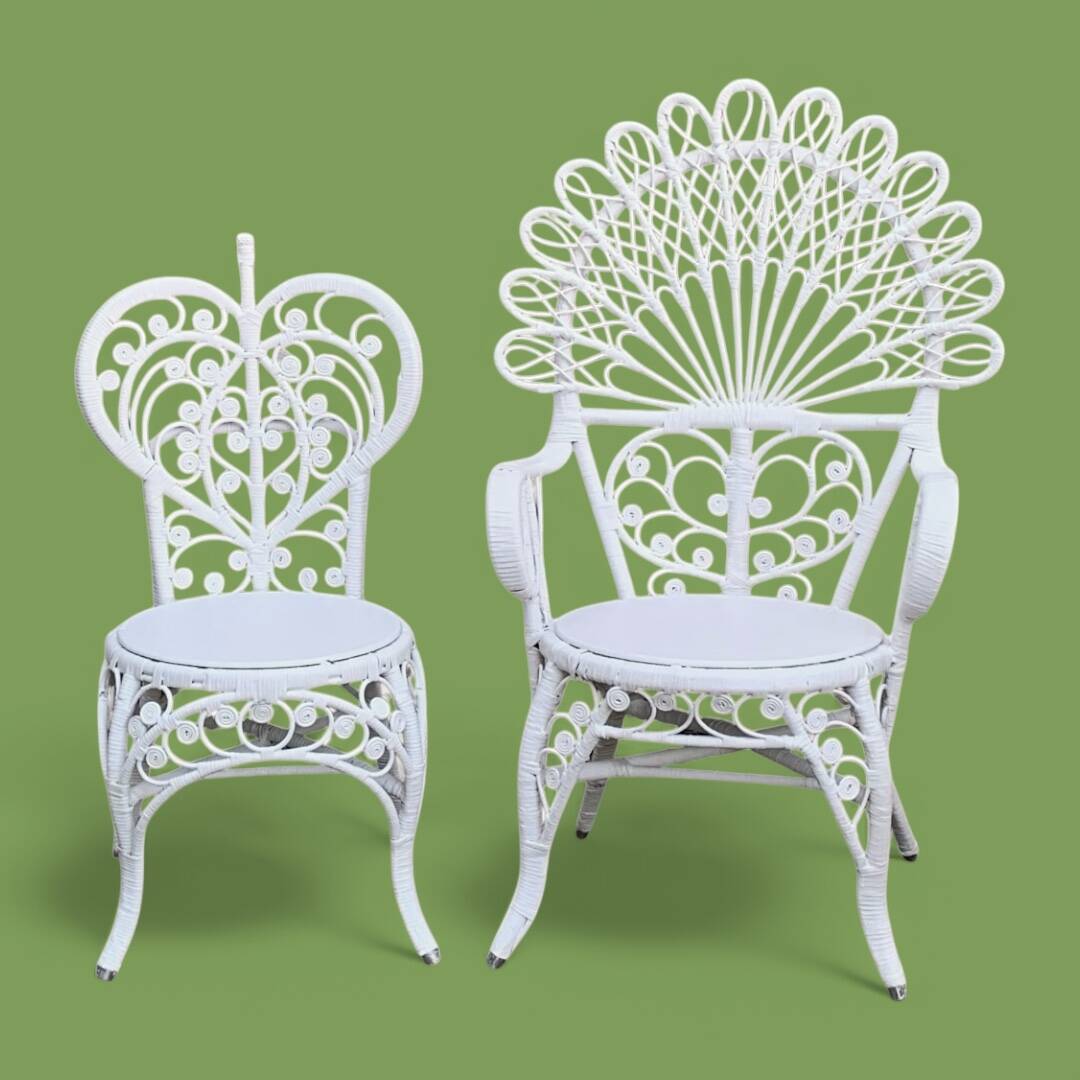Peacock armchair and chair in white rattan, 1970