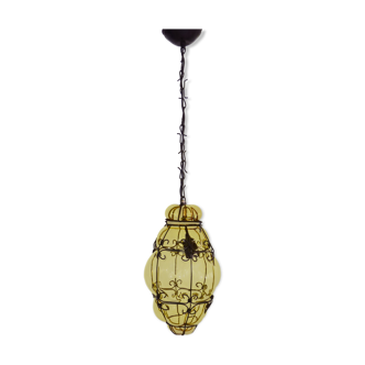 Venetian hanging lamp in amber-coloured blown glass and wrought iron