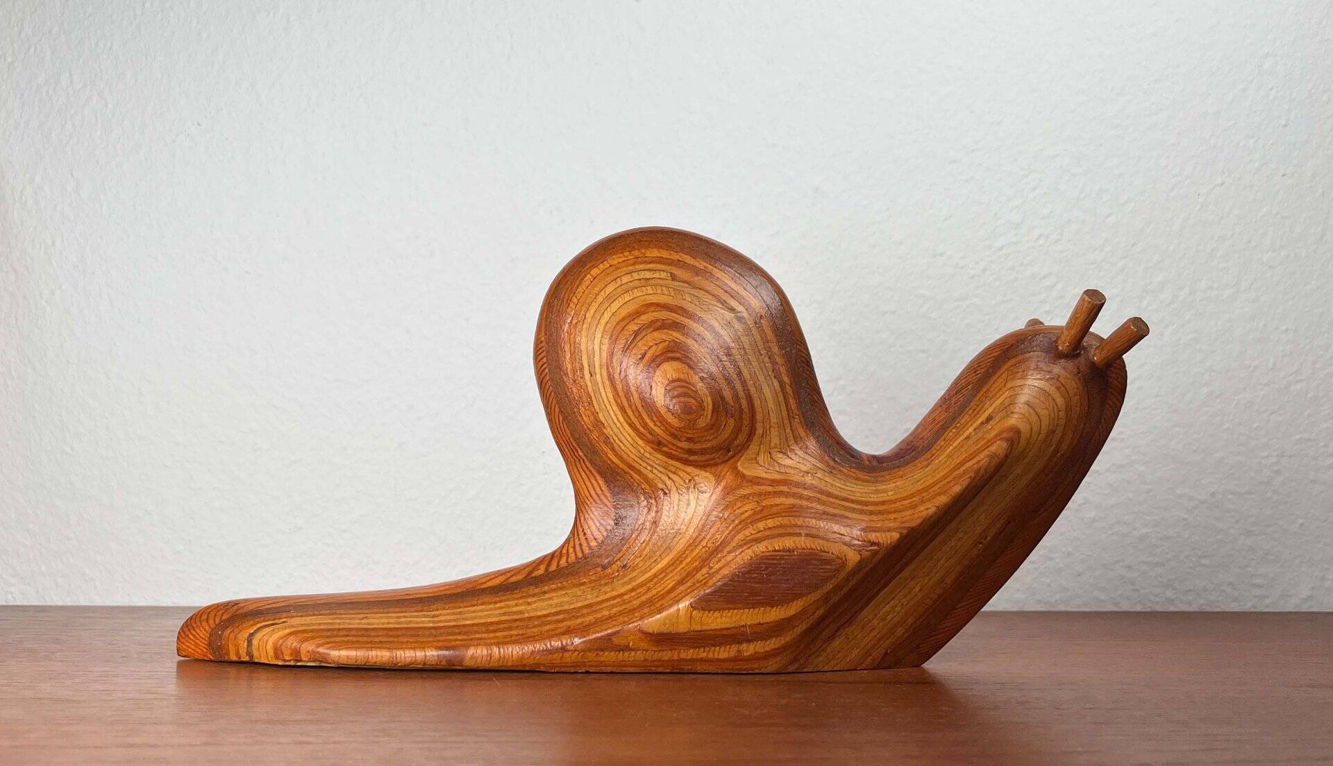 Large Danish carved wooden snail sculpture from the mid-century, 1960s.