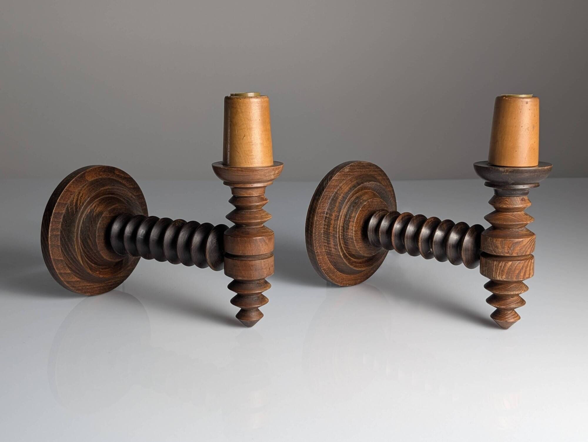 Pair of Charles Dudouyt French Turned Wood Wall Sconces, 1940s