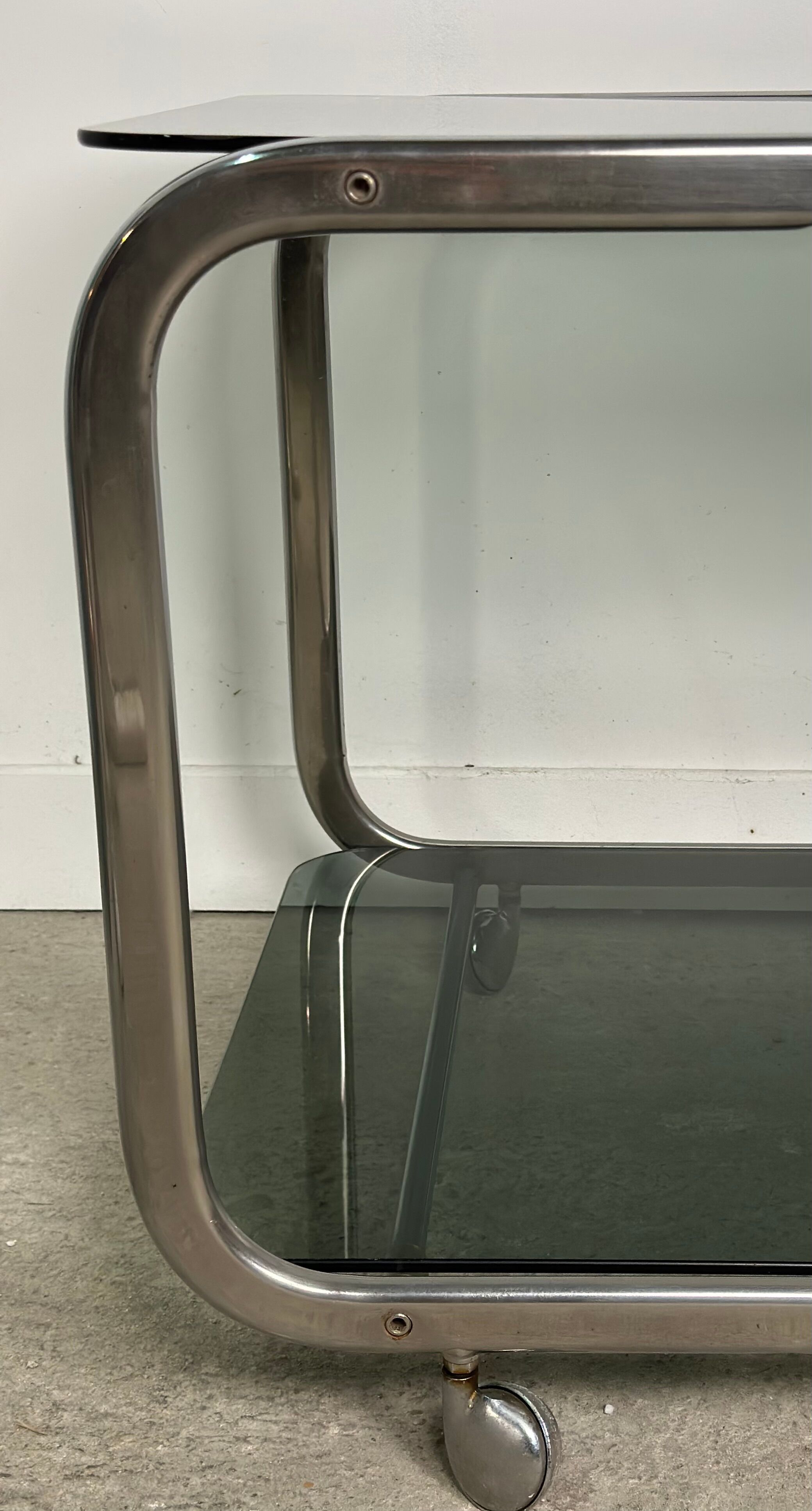 Dessert / rolling table vintage 60'S silver metal top smoked glass