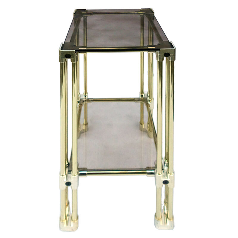 double-plated square tray in smoked glass and gilded brass structure from the late 1970s