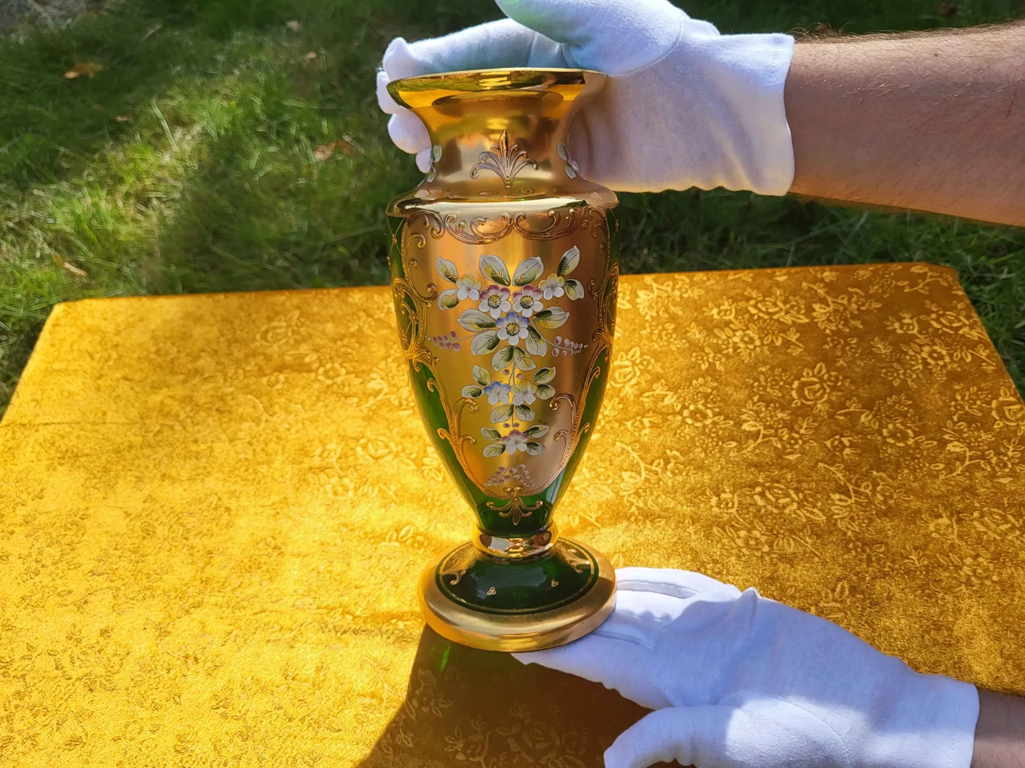 Bohemian Crystal Emerald Green Vase with 24K Gold Encrusted Floral Design