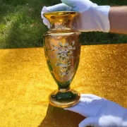 Bohemian Crystal Emerald Green Vase with 24K Gold Encrusted Floral Design