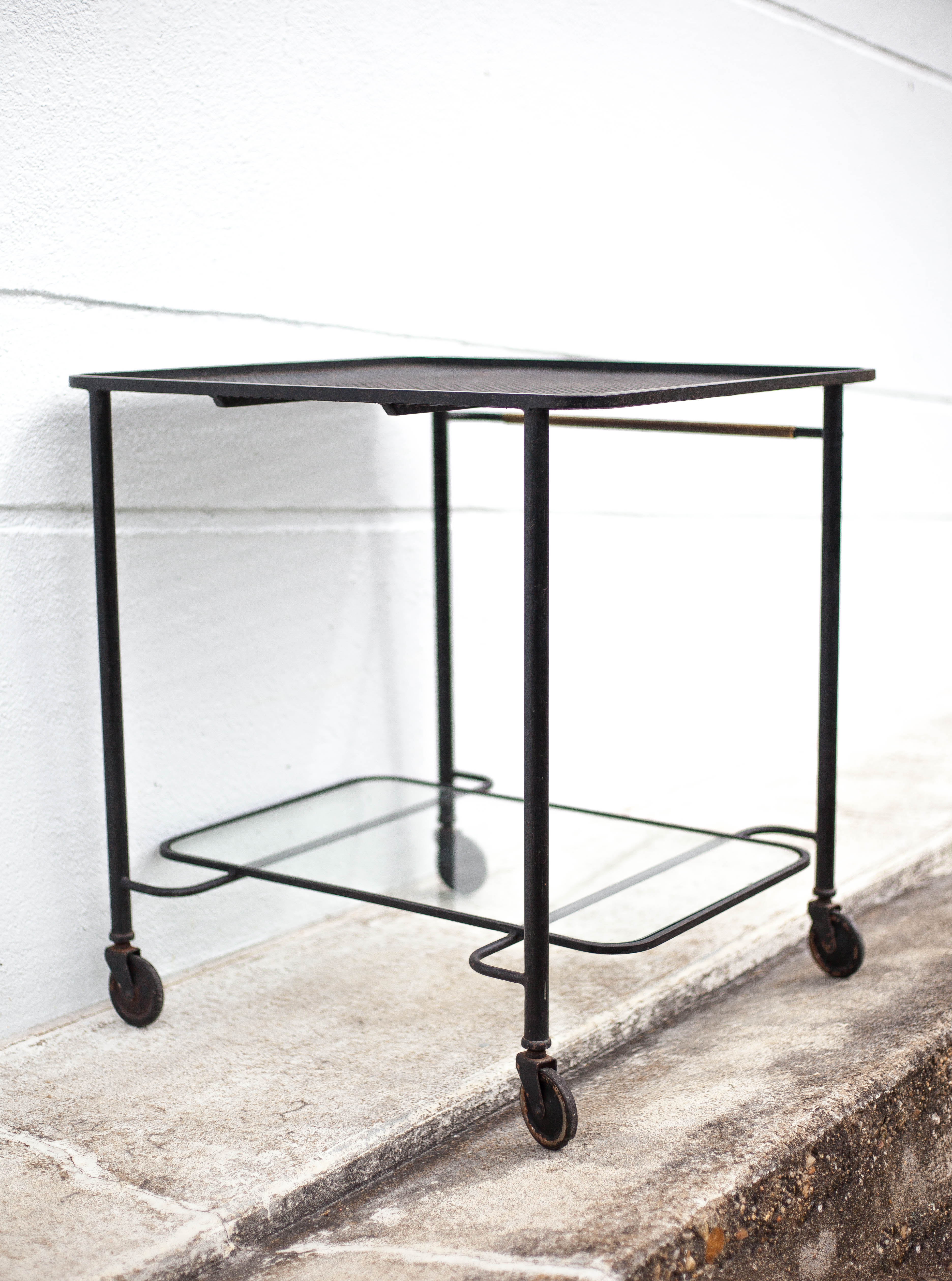 Mathieu Matégot rolling table, steel and brass service, 50s