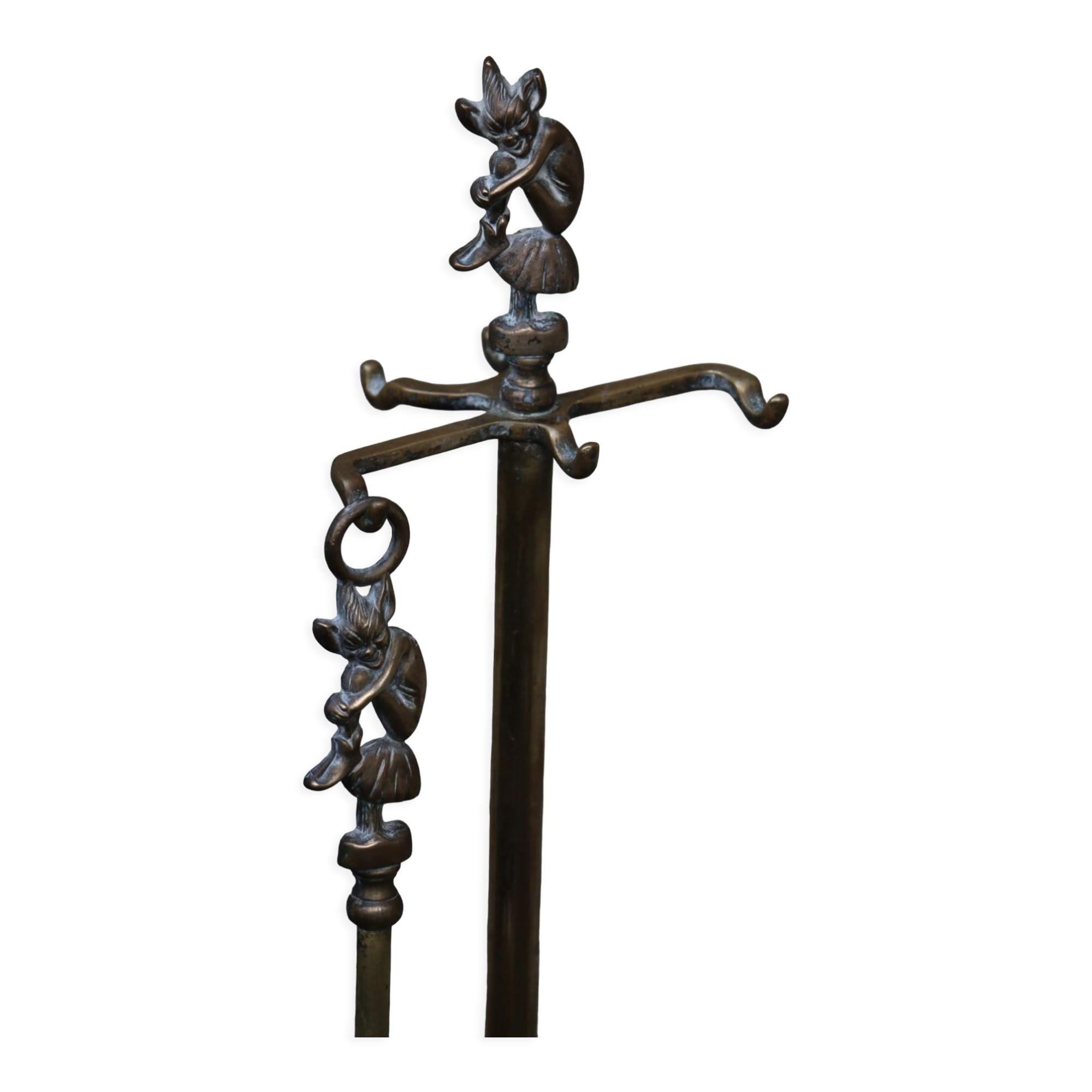 Brass fireplace servant with pair of cast iron pegs with vintage brass ball year 60