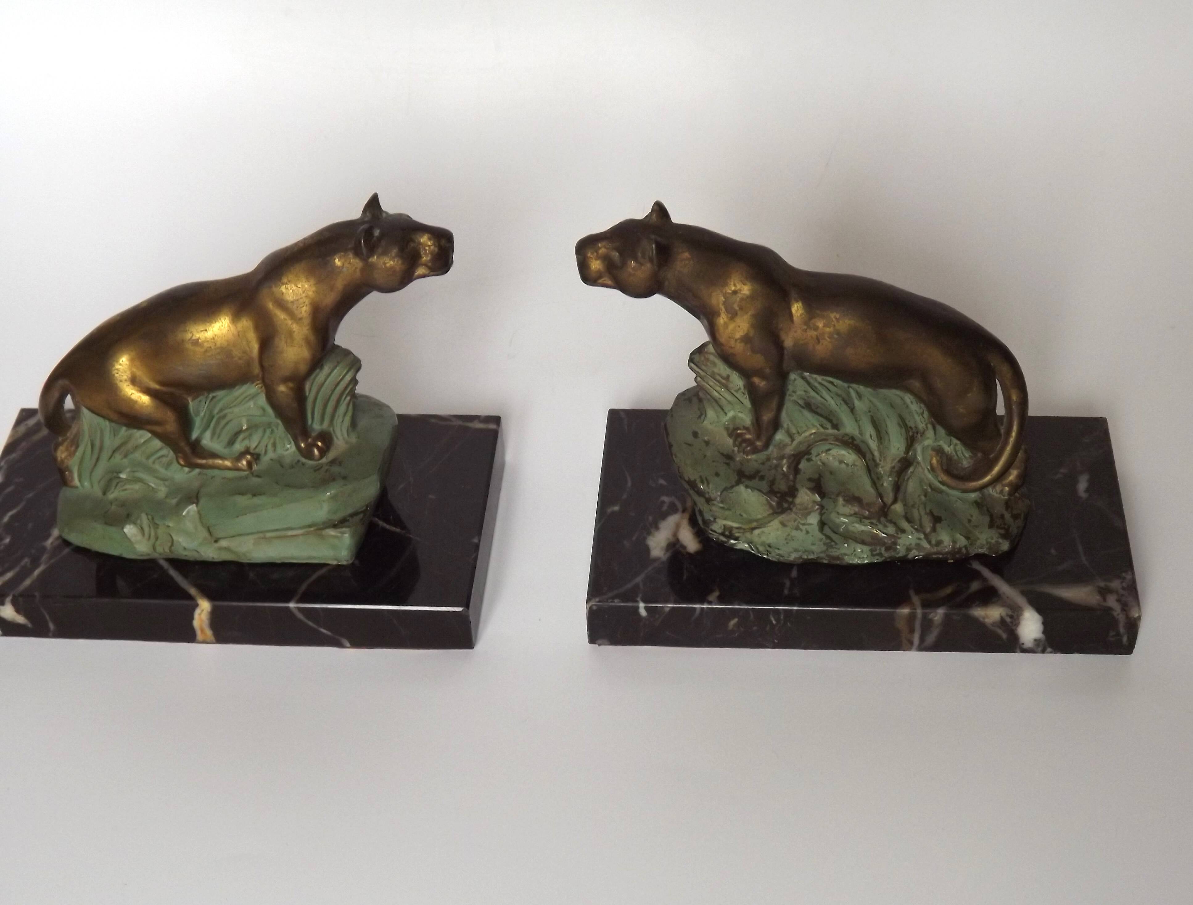 Vintage French Art Deco Panther Book Ends - Marble and Metal Bookends