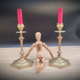 Pair brass candlesticks hexagon